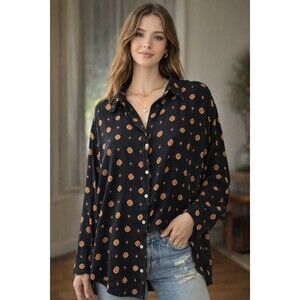 Oversized Flowy Button Down Blouse Black Geometric Print Rayon Intimately FP S